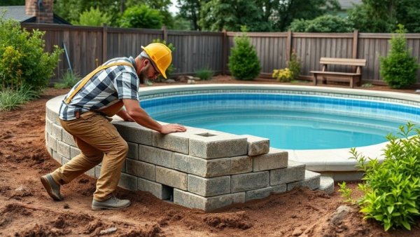 Backyard pool construction in progress with workers handling masonry.