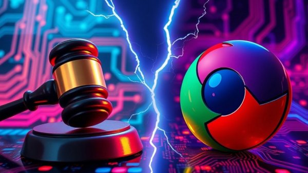 Digital illustration of Google vs SerpApi with circuit board and lightning bolt.