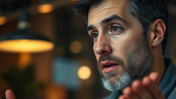 Man discussing red light therapy benefits indoor environment.