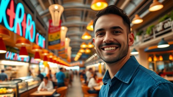 Smiling man inside one of the best food halls in Las Vegas, vibrant atmosphere.