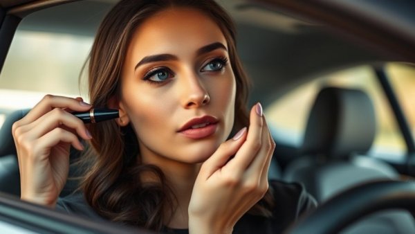 Woman demonstrating makeup skincare routine in a car interior.