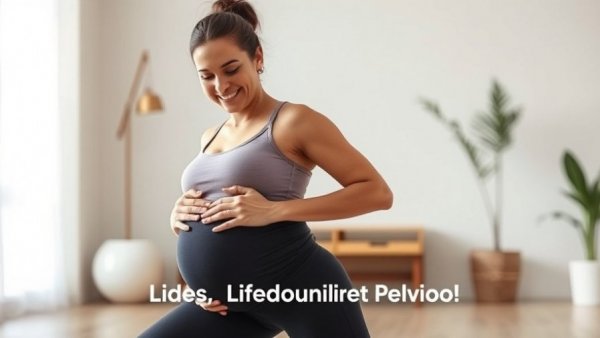 Pregnant woman demonstrating exercise for prenatal care indoors.