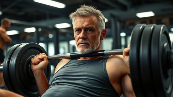 Middle-aged man performing bench press in gym, focused effort.