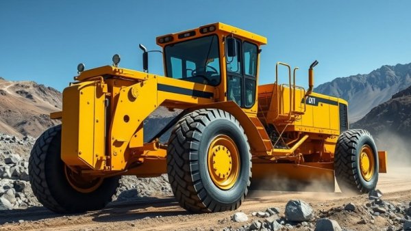 Caterpillar motor grader at construction site under clear sky.