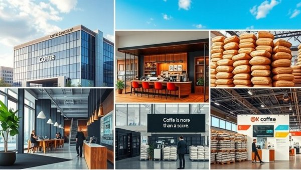 Modern coffee industry collage with company, shop, equipment. Coffee Business News 2025.