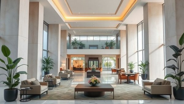 Luxurious green-themed hotel lobby with sustainable design elements.