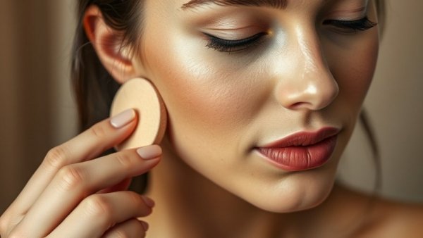 Close-up of woman applying foundation in winter.