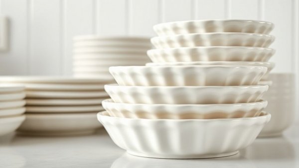 Elegant stacked white ceramic pie dishes, quality design.