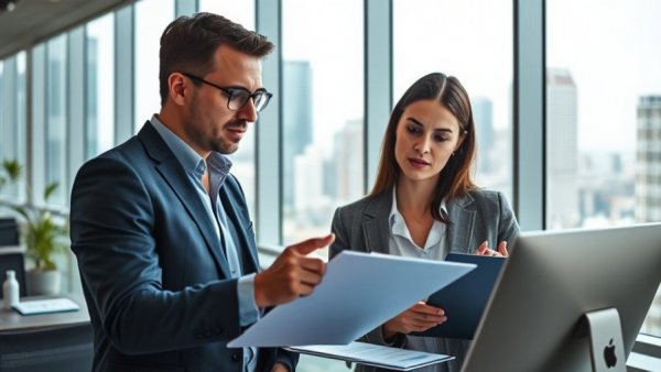 Business professionals examining data on screens, AI disruption in Google Search.