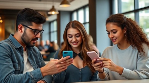 Young adults using phones for AI-powered search tools in cafe.