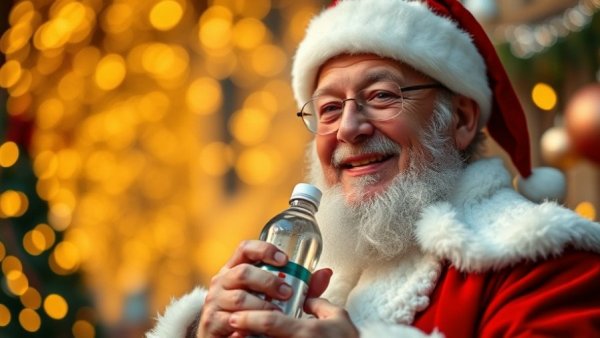 Cheerful Santa holding water bottle, festive golden background.