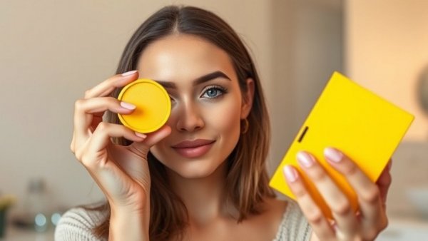 Woman demonstrating cool toned one-and-done eyeshadow with a bright yellow product.