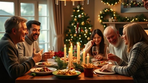 Cozy family meal, reclaiming Christmas from consumerism, warm festive setting.