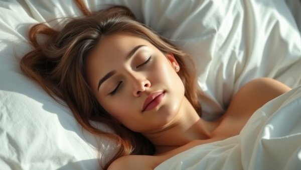 Peaceful woman enjoying restful sleep under bright natural light.