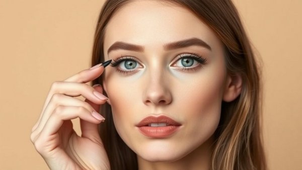 Woman demonstrating how to stop eyeliner from smudging, beige background.