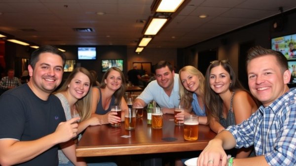 Group enjoying drinks at a bar indoors.