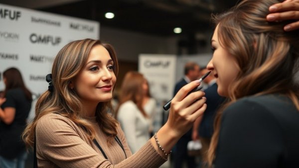 Makeup artist guiding a tutorial at a branded event.