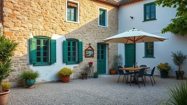 Charming rustic stone house with outdoor dining set in gravel courtyard.