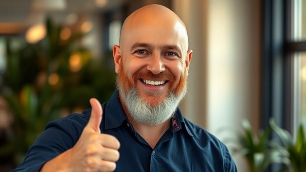 Smiling man with beard in soft lighting, navy shirt, thumbs-up gesture.