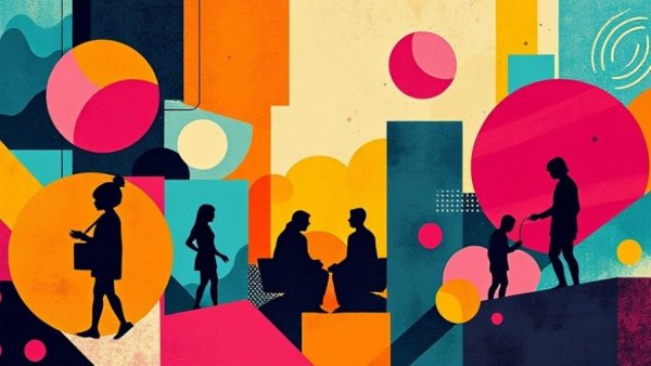 Colorful abstract collage in social media header design with geometric themes.