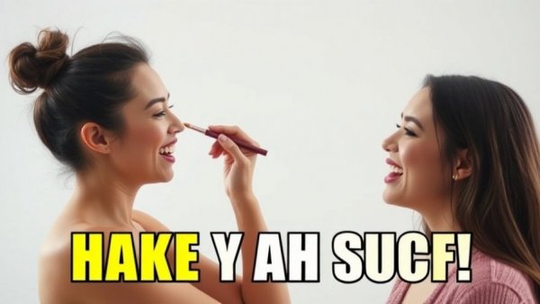 Playful makeup tutorial with two people laughing, bright setting.