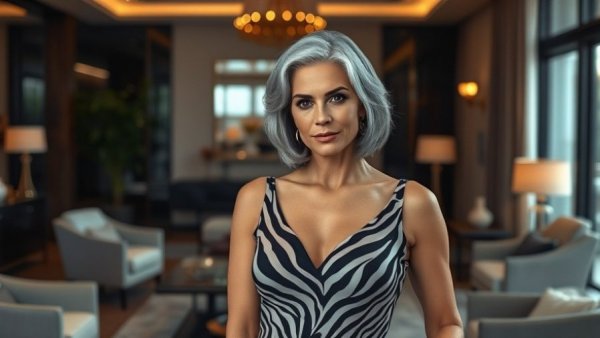 Elegant woman over 40 showcasing best makeup tips, stylish interior.
