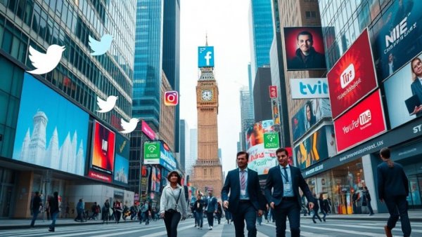 Urban street with floating social media icons illustrating the importance of social media for business in 2026.