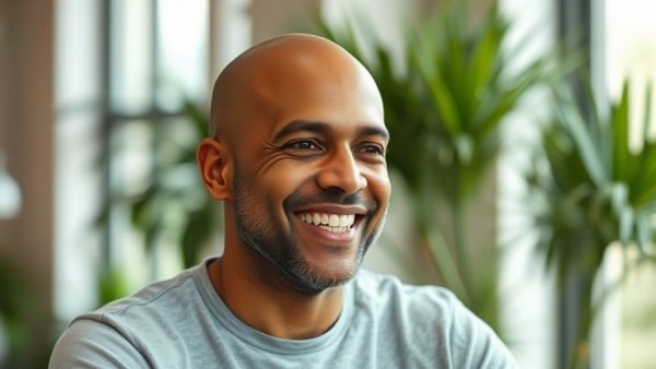 Close-up of bald man smiling indoors in soft lighting.