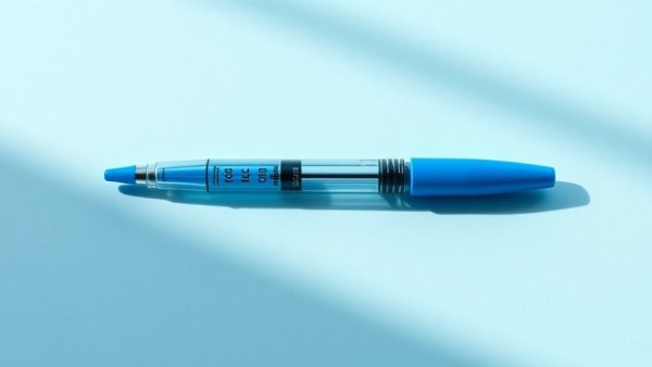 Sleek blue injection pen on light blue background for GLP-1s weight loss.