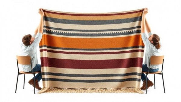 Geometric wool throw blanket with stripes displayed by two people.