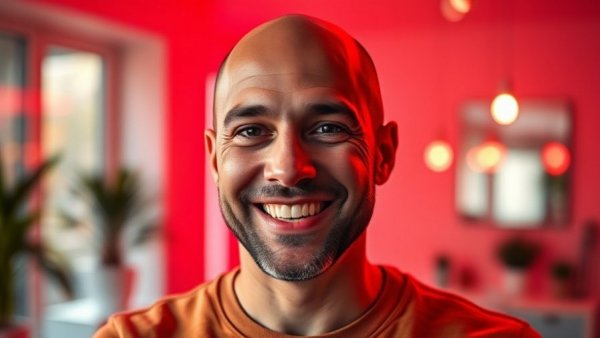 Man discussing benefits of red light therapy for skin with warm lighting.