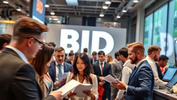 Professionals discussing financial bidding activities under 'BID' sign.