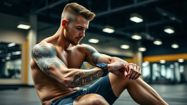 Young man in gym checking watch, preparing workout.