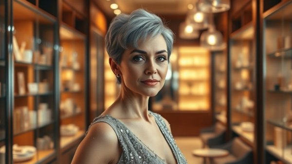 Best makeup tips for women over 40, stylish mature woman posing in boutique.