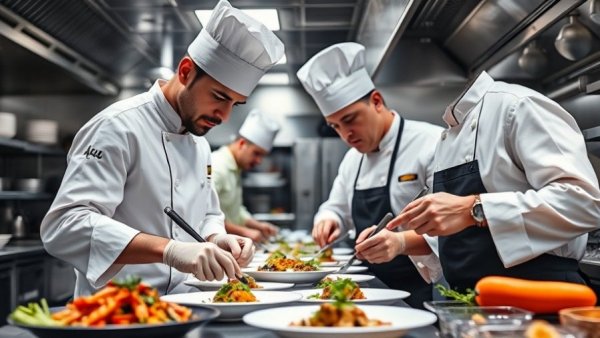 Chefs prepare gourmet dishes in a fine dining restaurant kitchen.