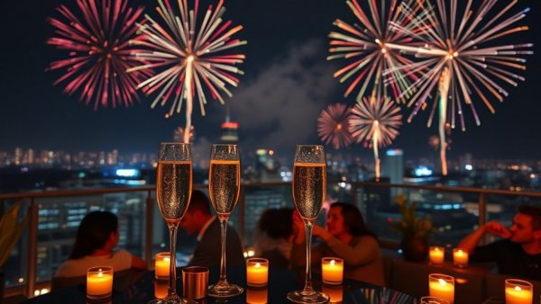 2025 hybrid future hospitality in elegant rooftop celebration with fireworks.