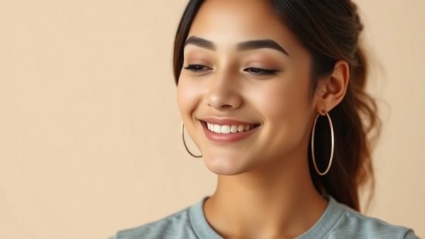10 Minute Makeup That Lasts: Young woman with subtle makeup and hoop earrings.