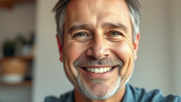 Middle-aged man smiling indoors, discussing red light therapy.