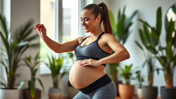 Pregnant woman performing a healthy pregnancy workout in home gym.