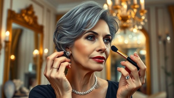 Elegant woman in a dressing room demonstrating best makeup tips for women over 40.
