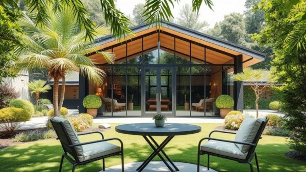 Modern multipurpose garden room in lush garden setting with chairs.