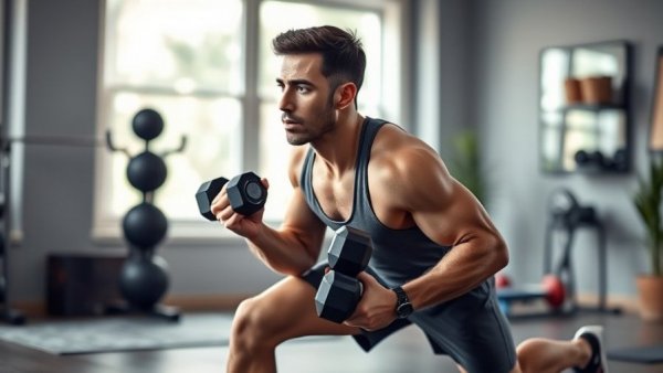 Man practicing dumbbell leg workouts in home gym with intense focus.
