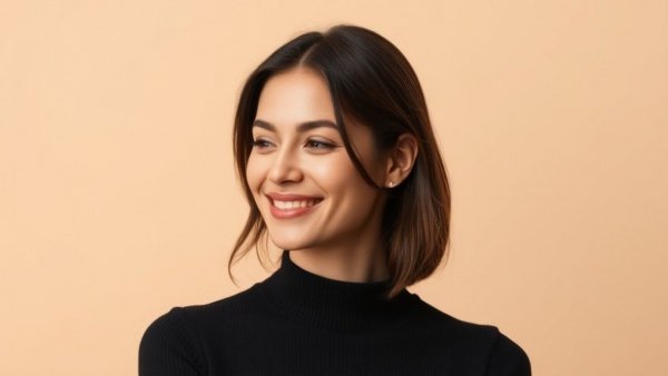 Elegant woman in black top smiling softly, beige background.