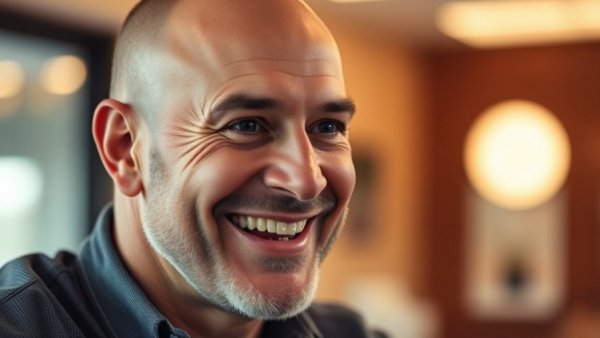 Bald man smiling indoors, discussing red light therapy benefits.