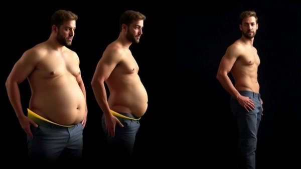 Illustrated sequence showing belly fat loss transformation.