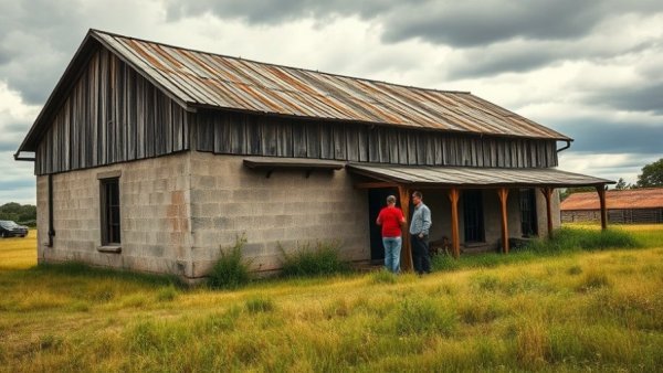 Couple observing old rustic building in rural setting.