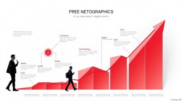 Modern infographic with red shapes and business growth elements.