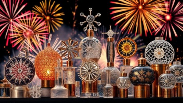 Assorted structured water devices with fireworks background, showcasing health benefits.