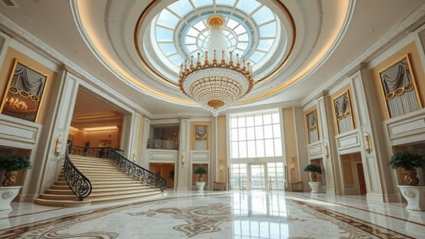 Opulent lobby of business hotels in Riyadh with chandelier and skylight.
