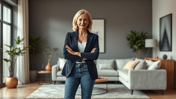 Stylish makeup tips for women over 40, elegant woman in navy blazer in modern room.